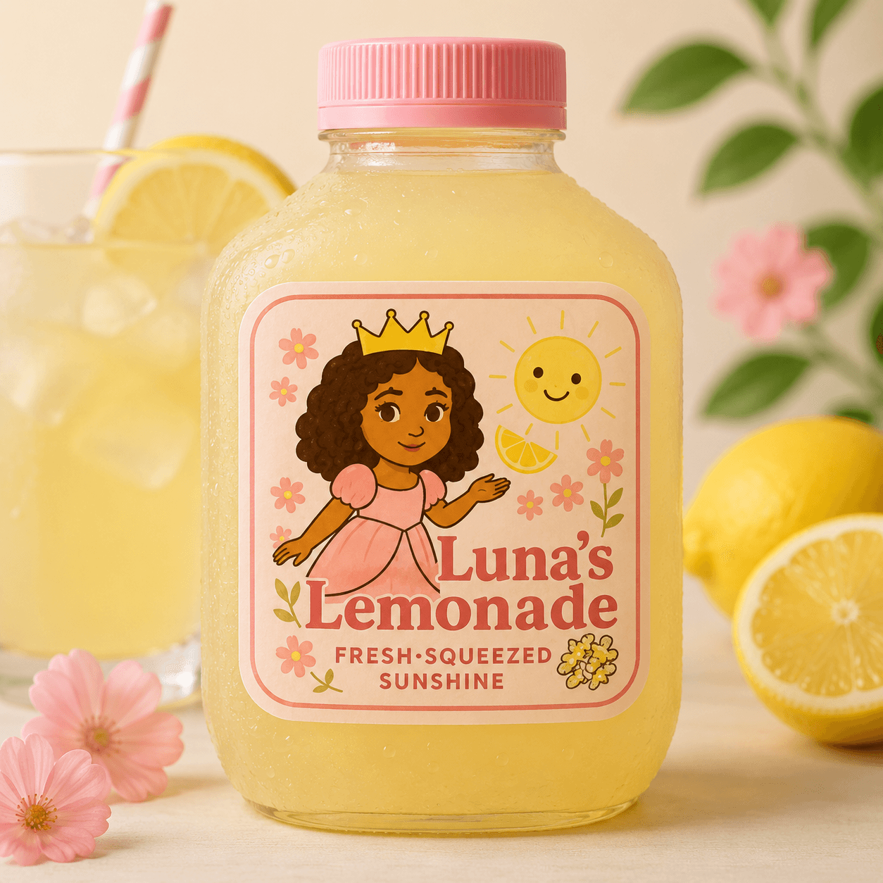 A chilled bottle of Luna's Lemonade with a pink cap, flowers, and fresh lemons